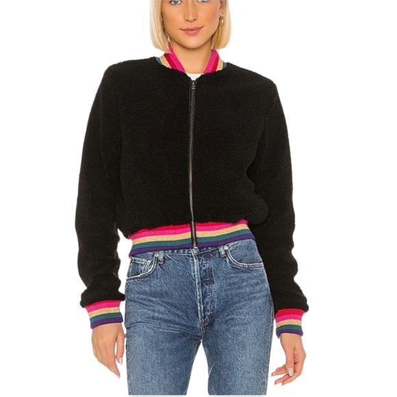 Spiritual Gangster Jackets & Blazers - Spiritual Gangster Cropped Furry Bomber Zip Jacket Rainbow Trim Black Size Large